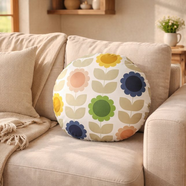 Retro Groovy Summer Flowers Stems Round Cushion (Creator Uploaded)