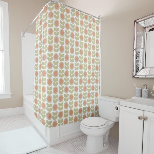 Retro Groovy Summer Flowers Stems Shower Curtain (In Situ)