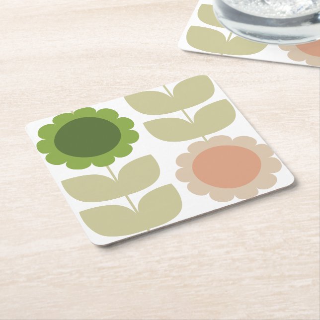Retro Groovy Summer Flowers Stems Square Paper Coaster (Angled)