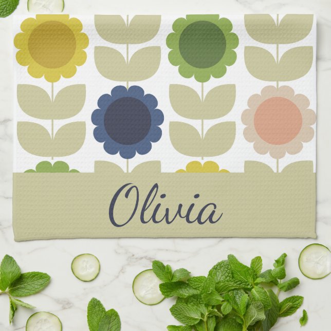 Retro Groovy Summer Flowers Stems Tea Towel (Folded)