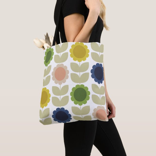 Retro Groovy Summer Flowers Stems Tote Bag (Close Up)