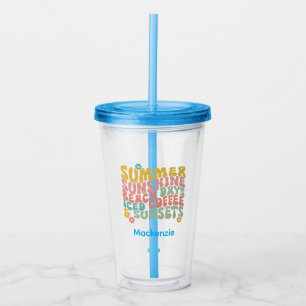 Retro Groovy Summer Pink Monogram Name Acrylic Tumbler