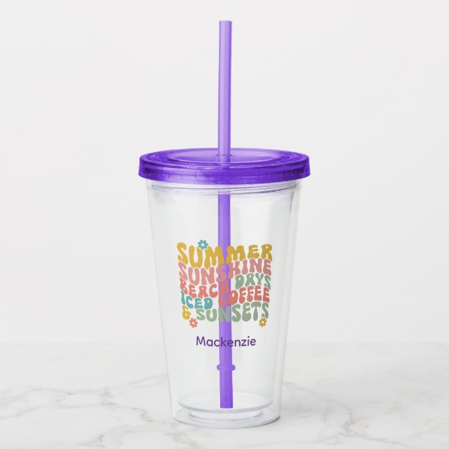 Retro Groovy Summer Pink Monogram Name  Acrylic Tumbler (Front)