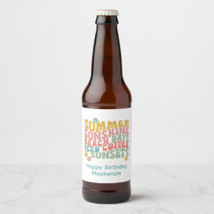 Retro Groovy Summer Pink Monogram Name  Beer Bottle Label
