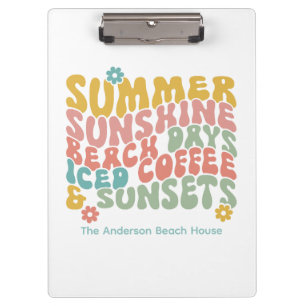 Retro Groovy Summer Pink Monogram Name Clipboard