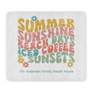 Retro Groovy Summer Pink Monogram Name Cutting Board