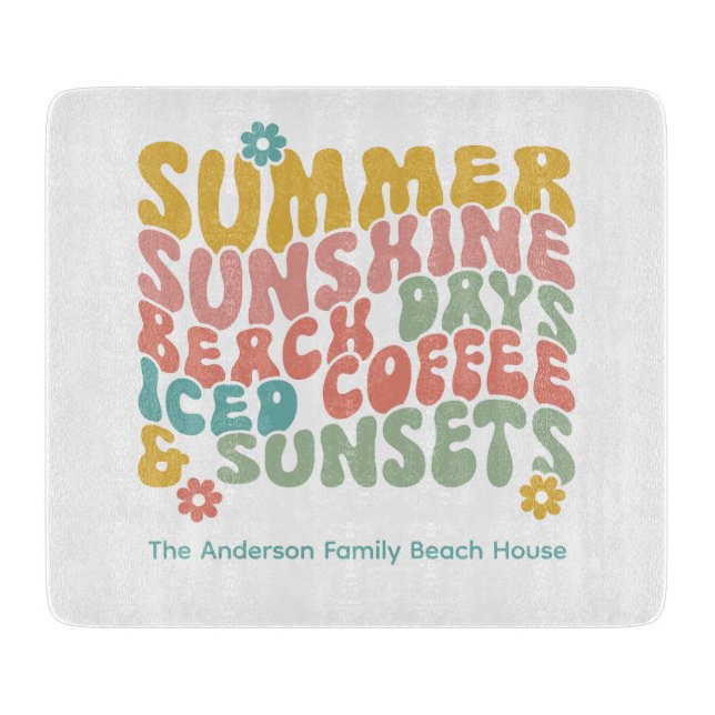 Retro Groovy Summer Pink Monogram Name  Cutting Board (Front)