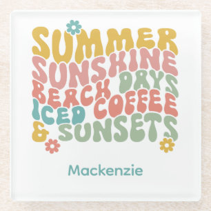 Retro Groovy Summer Pink Monogram Name Glass Coaster