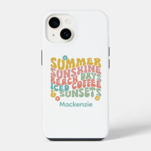 Retro Groovy Summer Pink Monogram Name iPhone 14 Case