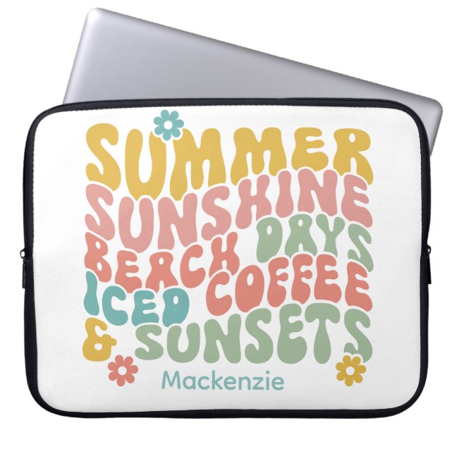 Retro Groovy Summer Pink Monogram Name  Laptop Sleeve (Front)