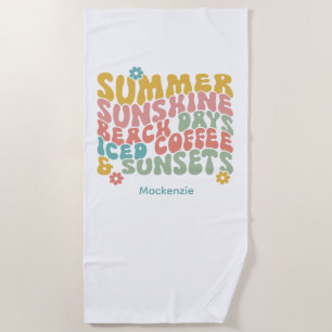 Retro Groovy Summer Pink Monogram Name Luggage Tag Beach Towel