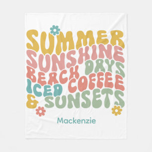 Retro Groovy Summer Pink Monogram Name Luggage Tag Fleece Blanket