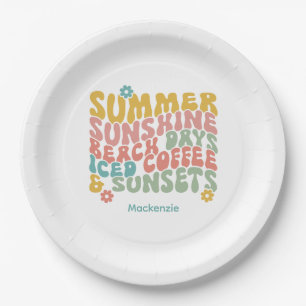 Retro Groovy Summer Pink Monogram Name Luggage Tag Paper Plate