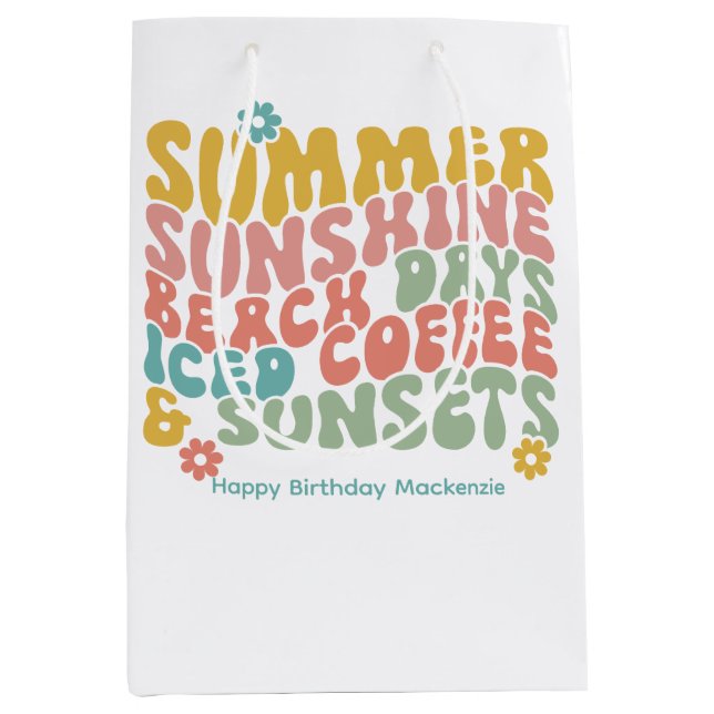 Retro Groovy Summer Pink Monogram Name  Medium Gift Bag (Front)