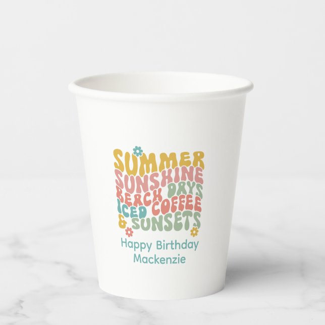 Retro Groovy Summer Pink Monogram Name  Paper Cups (Front)