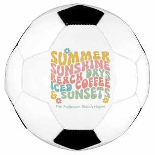 Retro Groovy Summer Pink Monogram Name Soccer Ball