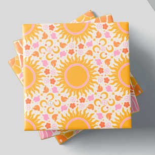 Retro Groovy Sun Peace Pattern Yellow Orange Pink Tile