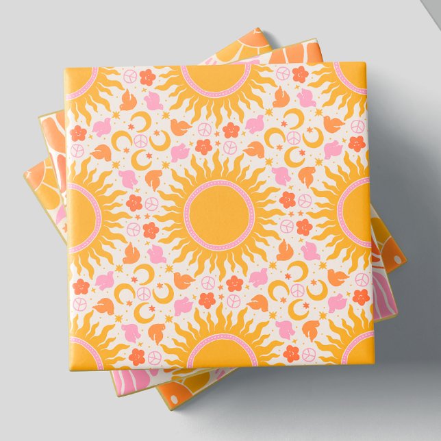 Retro Groovy Sun Peace Pattern Yellow Orange Pink Tile (Creator Uploaded)