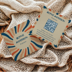 Retro Groovy Sunburst Square QR Code Square Business Card