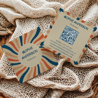 Retro Groovy Sunburst Square QR Code Square Business Card