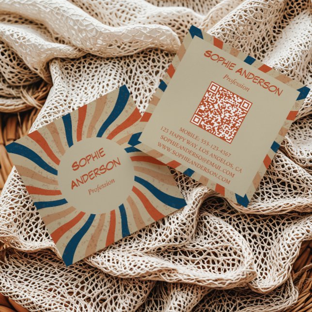 Retro Groovy Sunburst Square QR Code Square Business Card (Creator Uploaded)