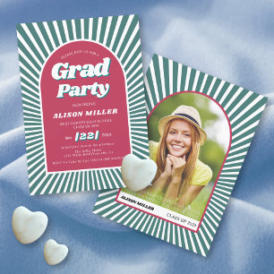 Retro groovy sunrays 70s  teal, magenta Graduation Invitation