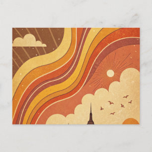 Retro Groovy Sunset Skyline Christmas Card