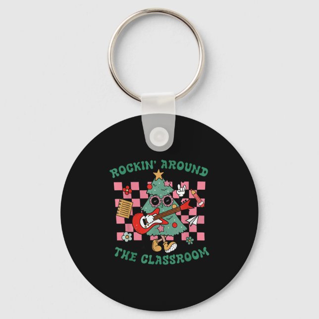 Retro Groovy Teacher Christmas Rockin' Around The  Key Ring (Front)