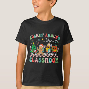 Retro Groovy Teacher Christmas Rockin' Around The  T-Shirt