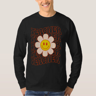 Retro Groovy Teacher Happy Face Cute Daisy Flower T-Shirt
