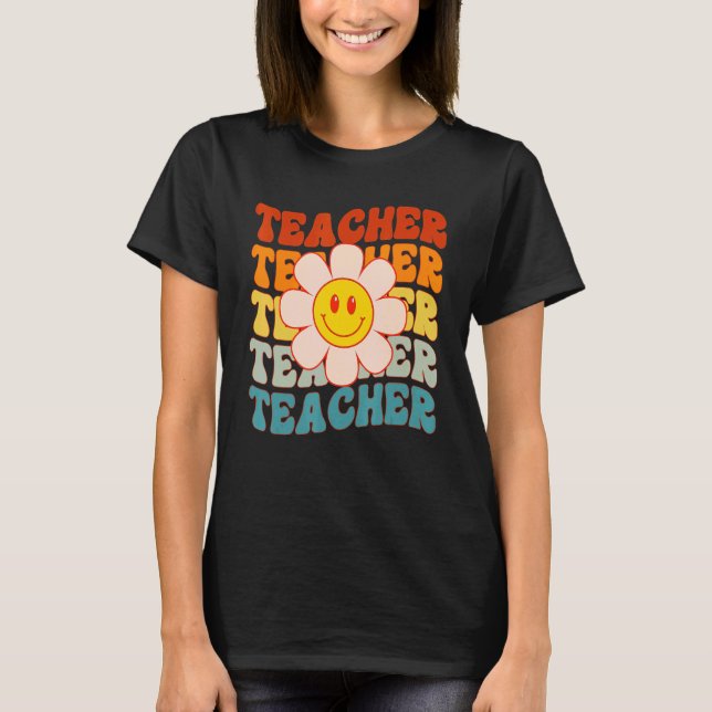 Retro Groovy Teacher Happy Face Cute Daisy Flower  T-Shirt (Front)