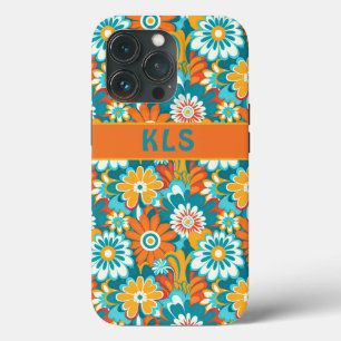 Retro Groovy Teal Orange & Yellow Floral Monogram iPhone 13 Pro Case