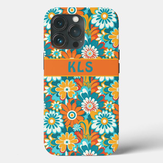 Retro Groovy Teal Orange & Yellow Floral Monogram Case-Mate iPhone Case (Back)