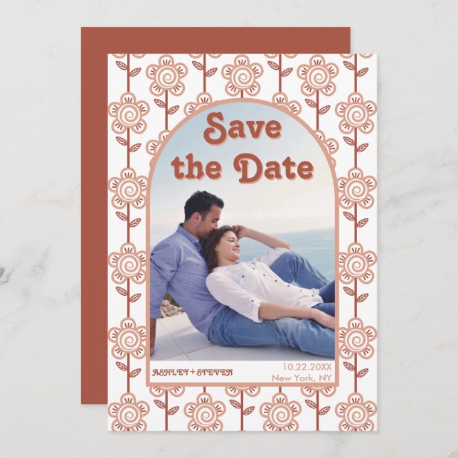 Retro groovy terracotta 70s inspired wedding save the date (Front/Back)