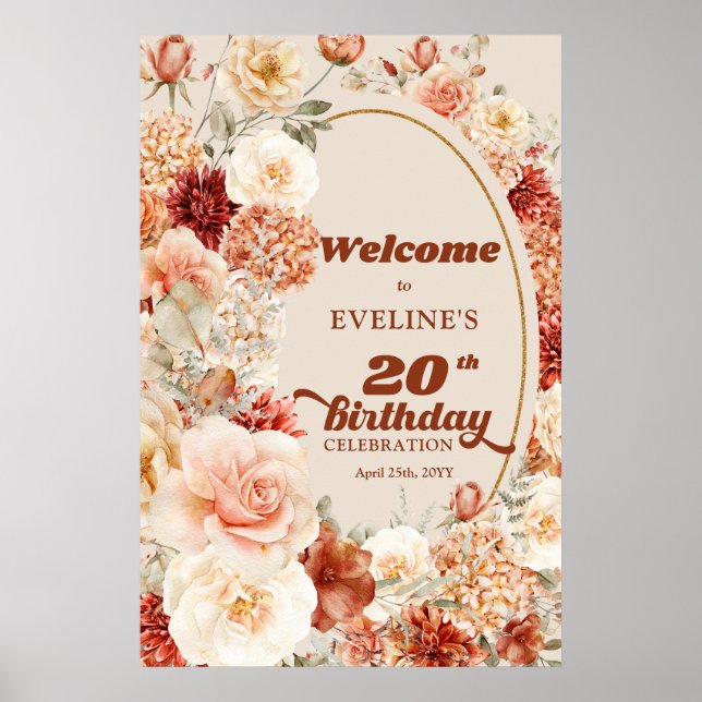 Retro Groovy terracotta boho 20th birthday Welcome Poster (Front)