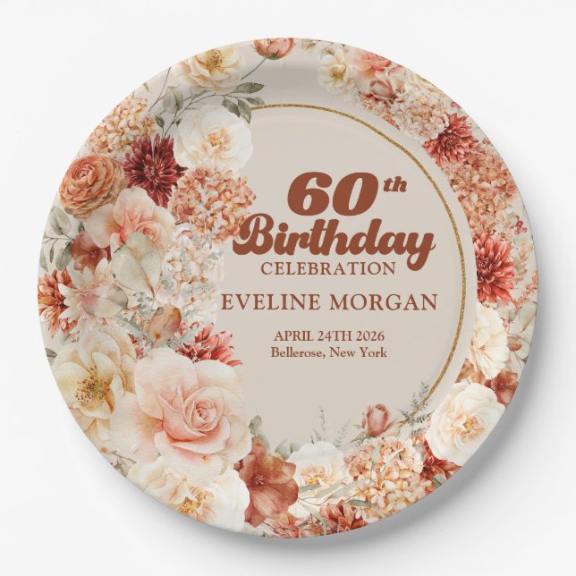 Retro groovy terracotta burgundy 60th birthday paper plate (Front)