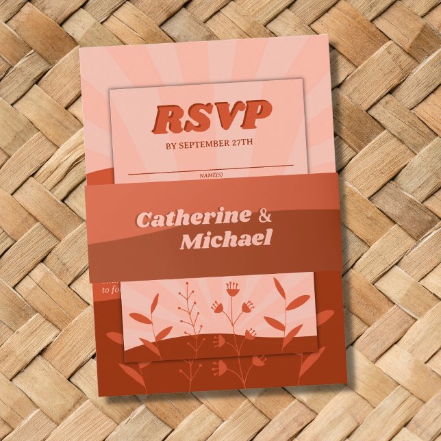 Retro Groovy Terracotta & Orange Boho Wedding Invitation Belly Band (Creator Uploaded)