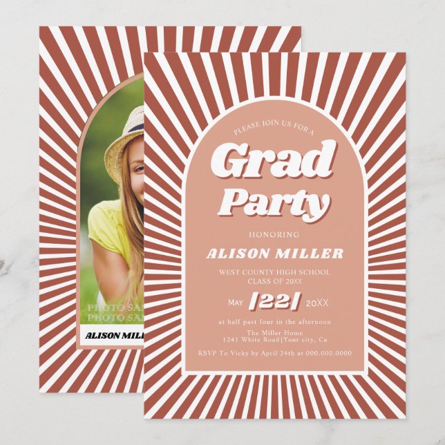 Retro groovy terracotta sunrays 70s Graduation Invitation (Front/Back)