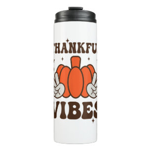 Retro Groovy Thankful Vibes Turkey Fall Thanksgivi Thermal Tumbler