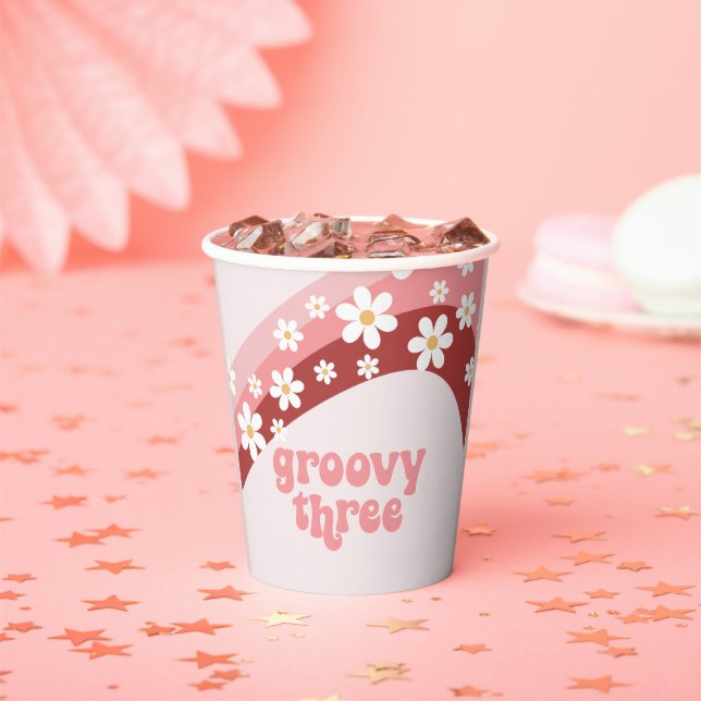 Retro groovy three daisy 3rd birthday paper cups (Insitu)