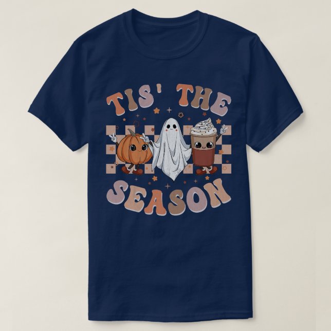 Retro Groovy Tis The Season Pumpkin Ghost Hippie H T-Shirt (Design Front)