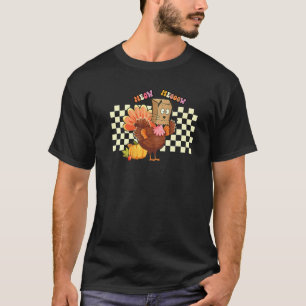 Retro Groovy Turkey Fake Cat Meow  Thanksgiving Ki T-Shirt