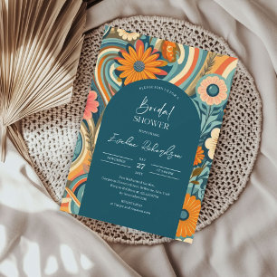 Retro groovy turquoise boho arch orange pink invitation