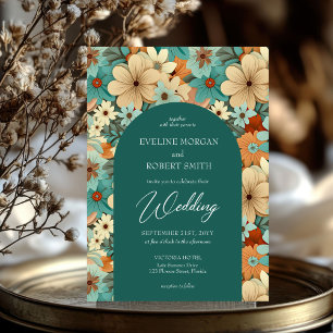 Retro groovy turquoise cream pale orange flowers invitation