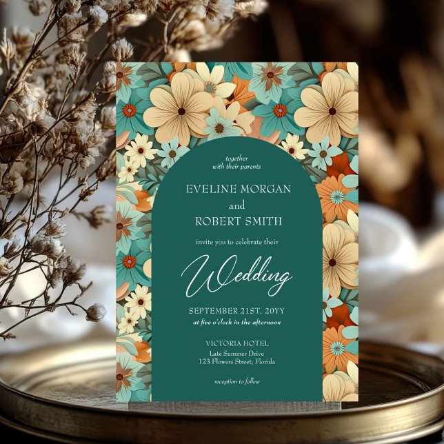 Retro groovy turquoise cream pale orange flowers invitation (turquoise cream pale orange retro groovy flowers wedding invitation)