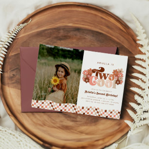 Retro Groovy Two Cool Girls 2nd Photo Birthday Invitation