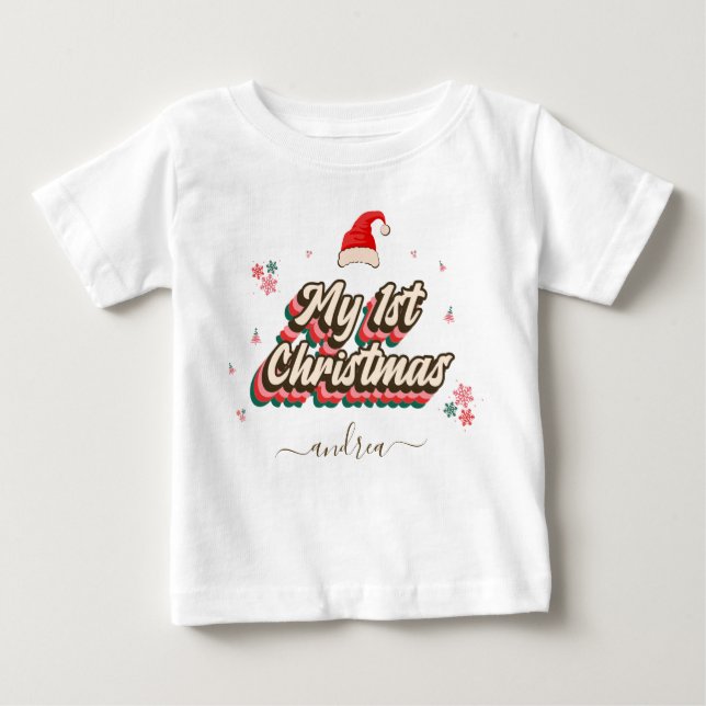 Retro Groovy Typography 1st Christmas Girl's Name  Baby T-Shirt (Front)