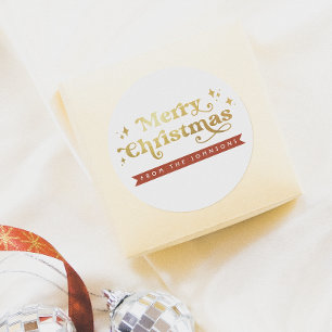 Retro Groovy Typography Merry Christmas & Name Classic Round Sticker