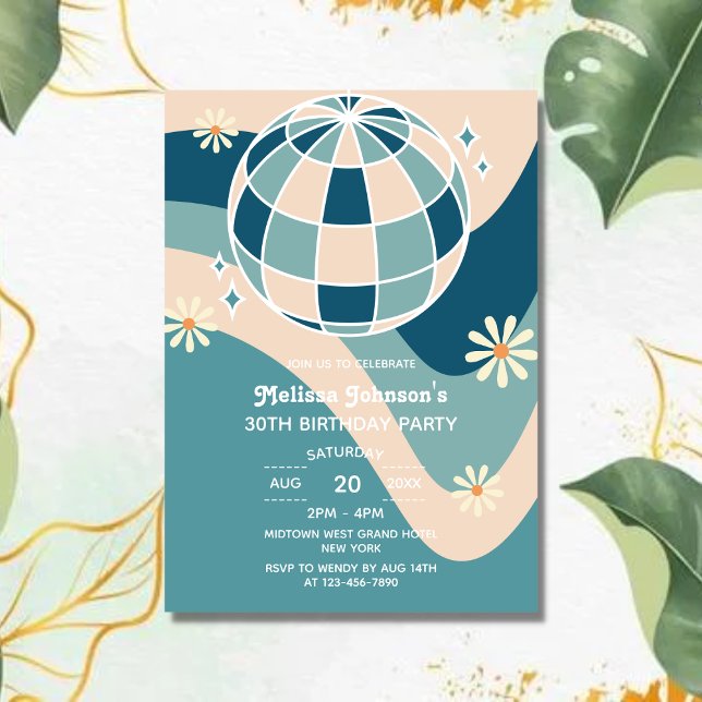 Retro Groovy Wave Disco Ball Daisy Green Birthday Invitation (Creator Uploaded)