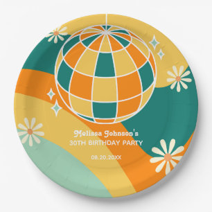 Retro Groovy Wave Disco Ball Daisy Orange Birthday Paper Plate
